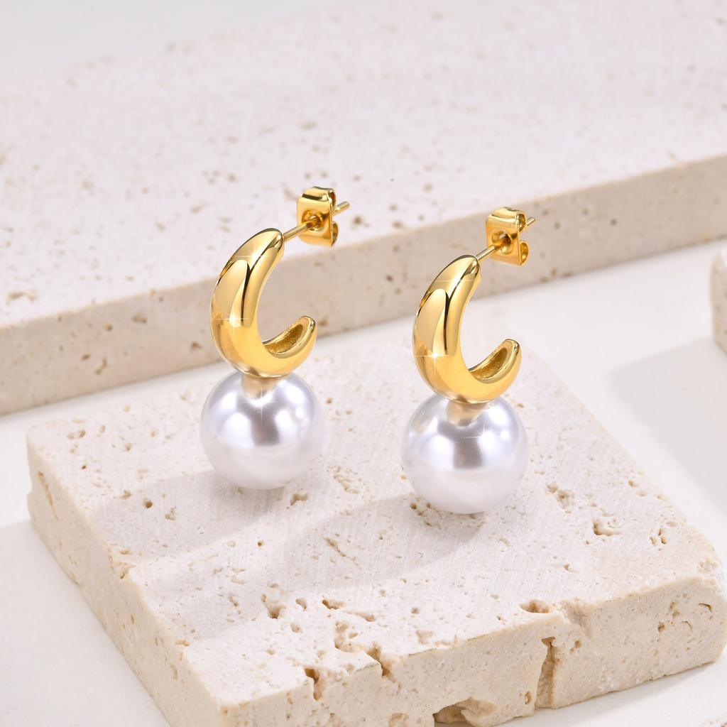 Exquisite C-shaped Imitation Pearl Earrings,Women's Stainless Steel Earrings,Waterproof Geometric Jewelry Gifts