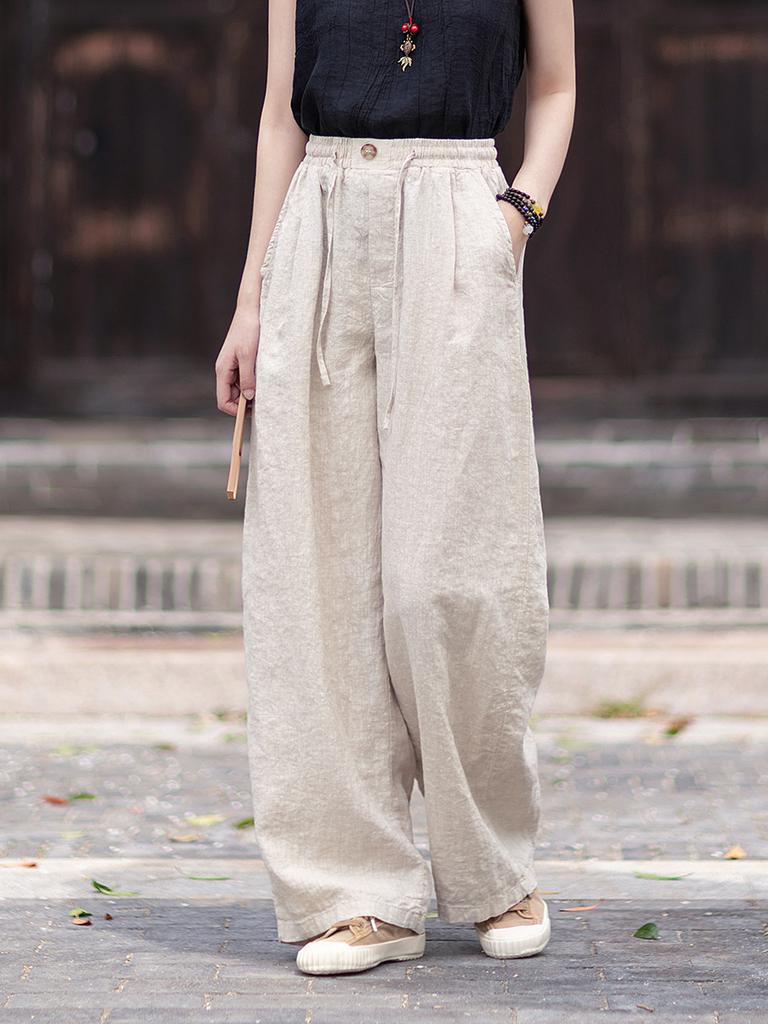 Johnature Women Vintage Straight Pants Summer Chinese Style Solid Color Loose Trousers Elastic Waist Pants
