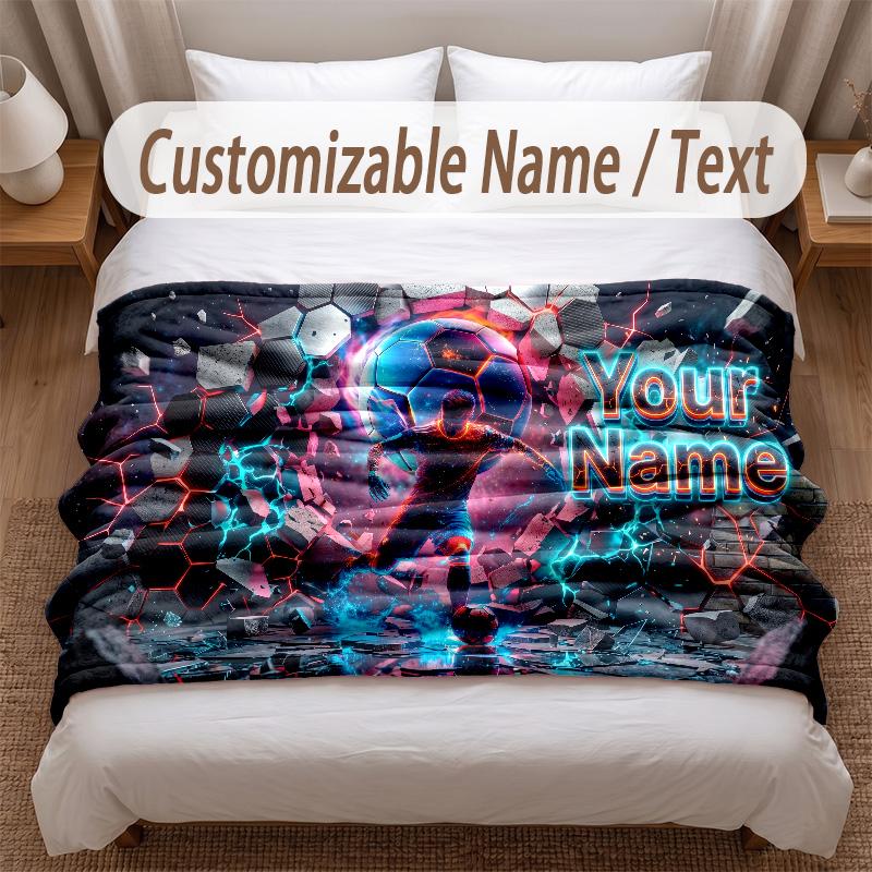 Soccer Theme Soft Blanket Personalized Custom Name Text Print Warm Blanket Home Sofa Bedroom Decor