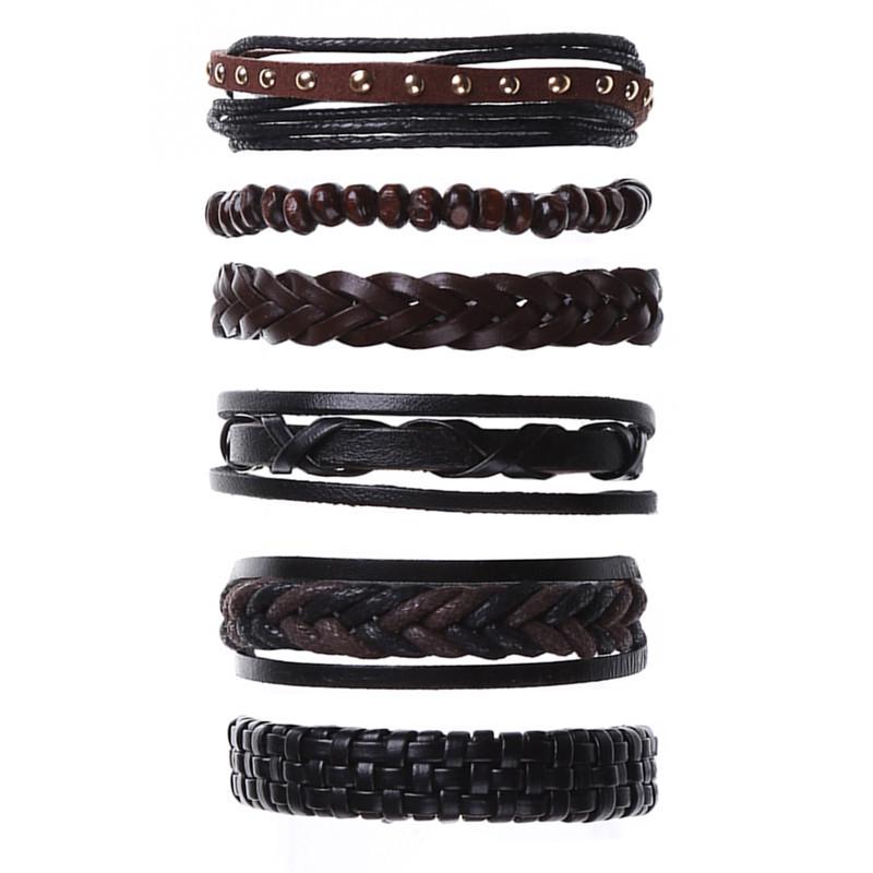 Punk 6-Piece Genuine Leather Multi-Layer Bracelet Set