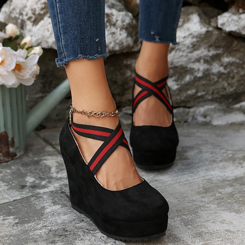 Fashion Women Shoes Flock Buckle Bowtie Ankle Strap High Heels Sexy Platform Wedges Female Pumps Red Wedding Shoe Zapatillas De Deporte