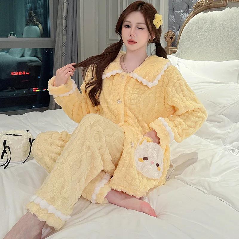 Plus Size Winter Women's Pajamas Set Sweet Flannel Home Clothes Thickened Fleece Lined Coral Fleece Warm Pajamas