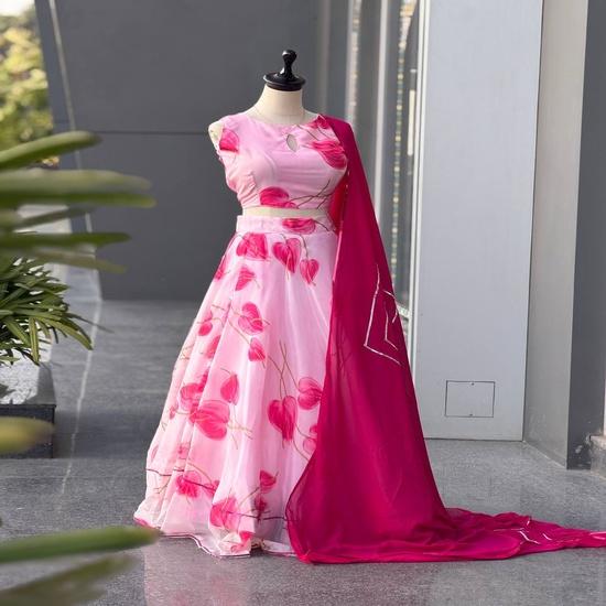 Bubblegum Pink Anthurium Floral Organza Lehenga Choli FREE SIZE