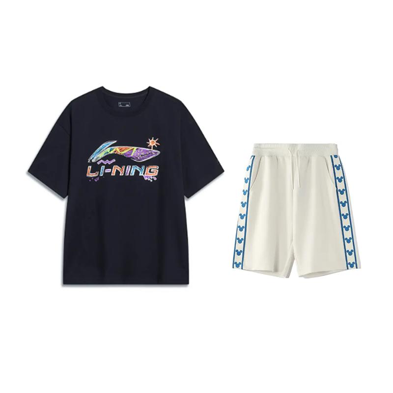 

Li-Ning Retro Hand-Painted Graffiti Logo Short Sleeve Fashion Loose Comfortable Shorts Casual Sports Suit Unisex suit AHSU745-1+YKSV129-1 S