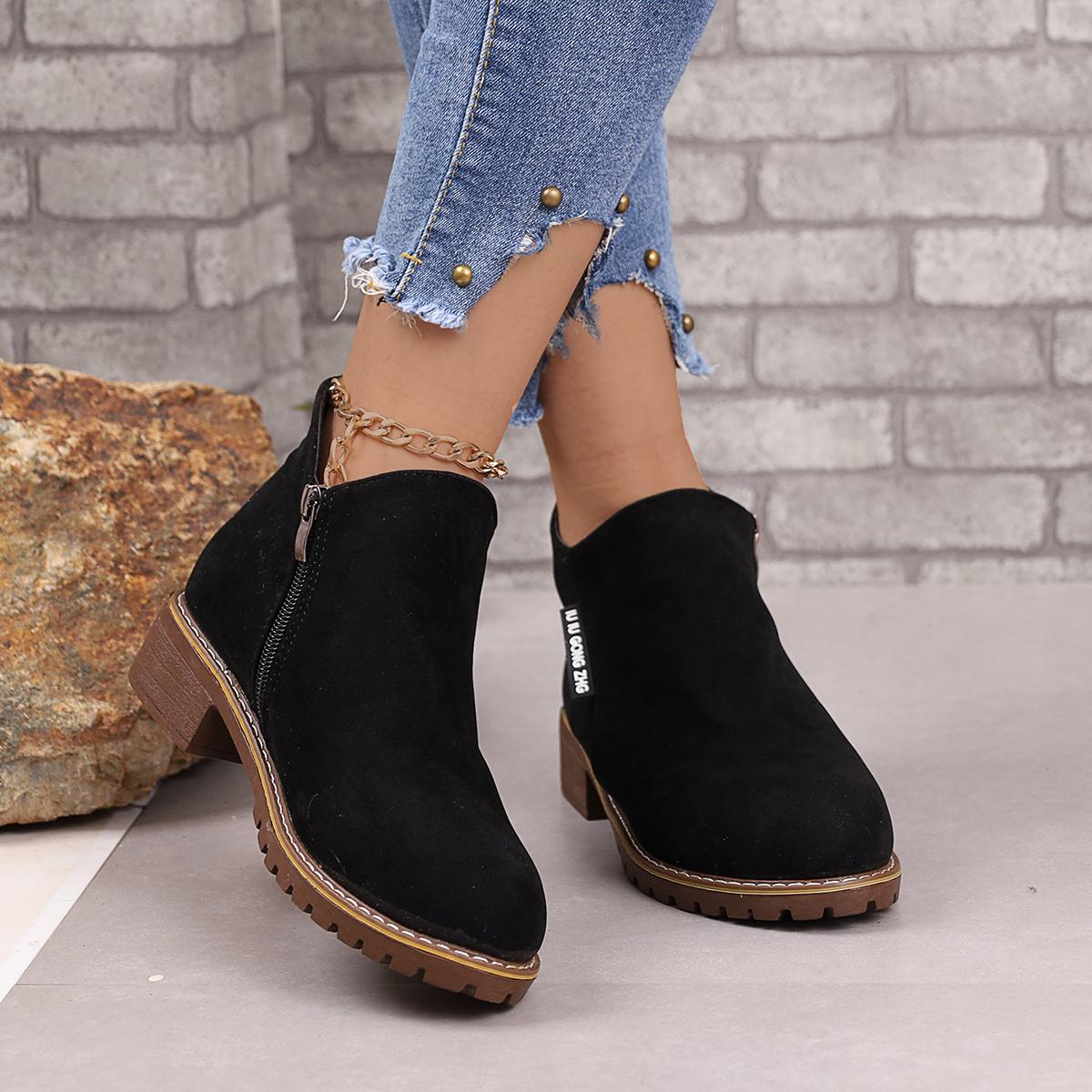 

Fashion Suede Side Zipper Ankle Boots 2025 Spring and Autumn Round Toes Thick Heels Fashionable Suitable for Large-size Women s Shoes 35 чёрный