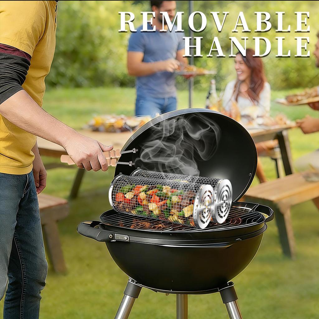Stainless Steel Portable BBQ Rolling Grill Cage, Cylinder Smoker Net 304