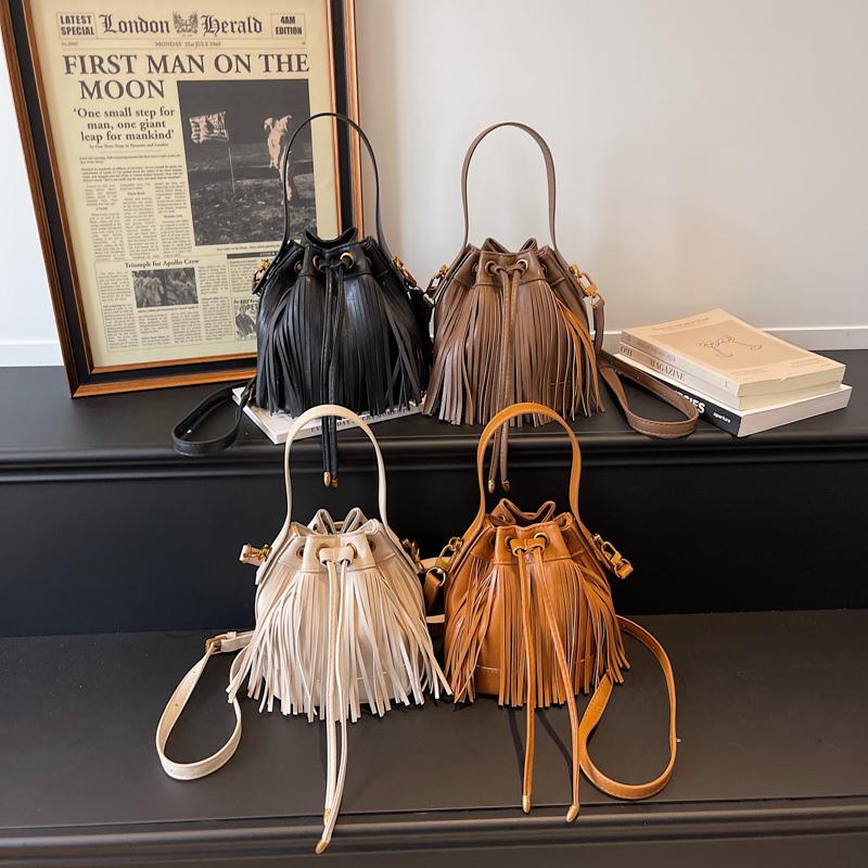 Tassel Handbag Drawstring Bucket Bag Women's Shoulder Crossbody Bag