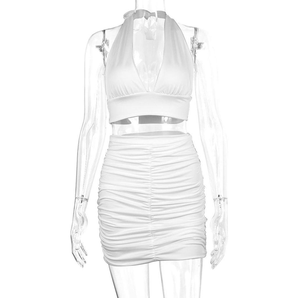 2024 Women's Halter Tie-up Two-Piece Bodycon Set: European and American Style Sexy Ruched V-neck Camisole Dress