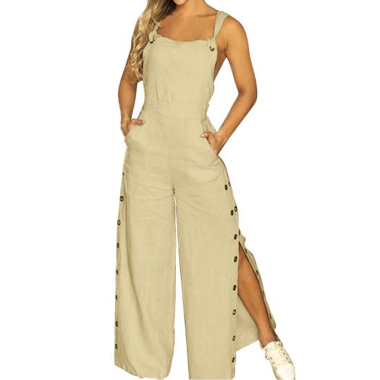 Women's Sleeveless Wide Leg Jumpsuit with Side Pockets And Button Closure Solid