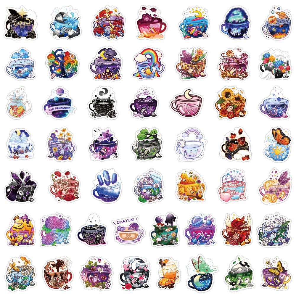 50 New Colorful Tea Cup Graffiti Stickers Personalized Sports DIY Skateboard Suitcase Waterproof Stickers