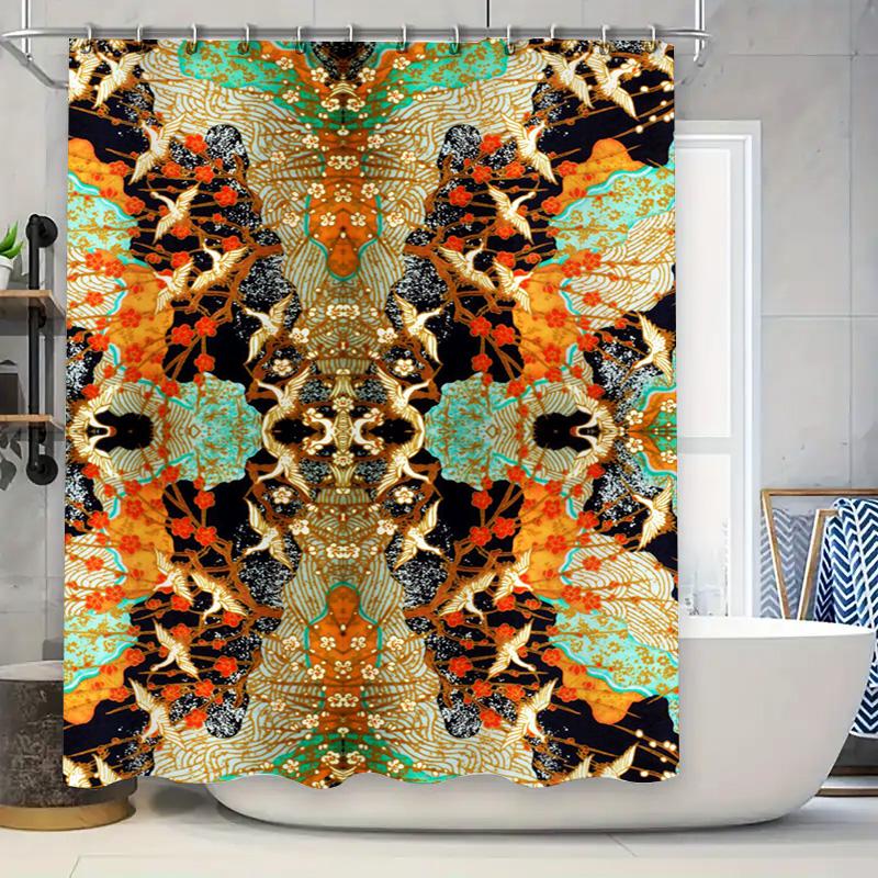 Elegant Golden Phoenix Shower Curtain Waterproof Bathroom Decor Floral Print Home Decoration Custom Size Available