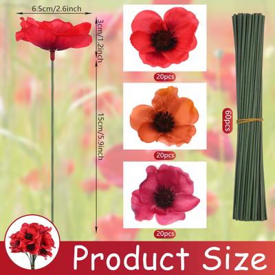 Haishell 60 Sets Poppy Artificial Flowers Red Fake Flowers Poppies Head Fake Wildflowers With Flower Branch For Veterans Day Rem