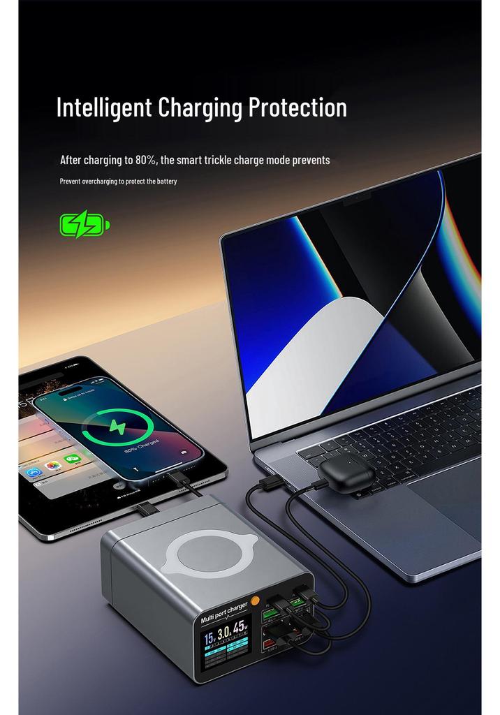 80W Multi-Port Charger: 6A2C Digital Display Wireless Desktop Fast Charging Station for Phones & Laptops.