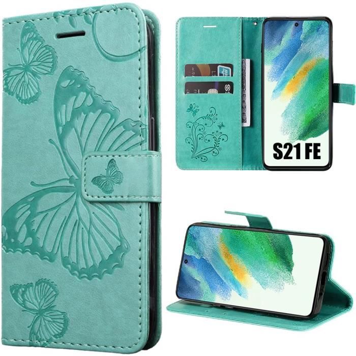 Coque - Samsung - Galaxy S21 FE - Cuir PU Vert - Motif Papillon - Fermeture Magnétique