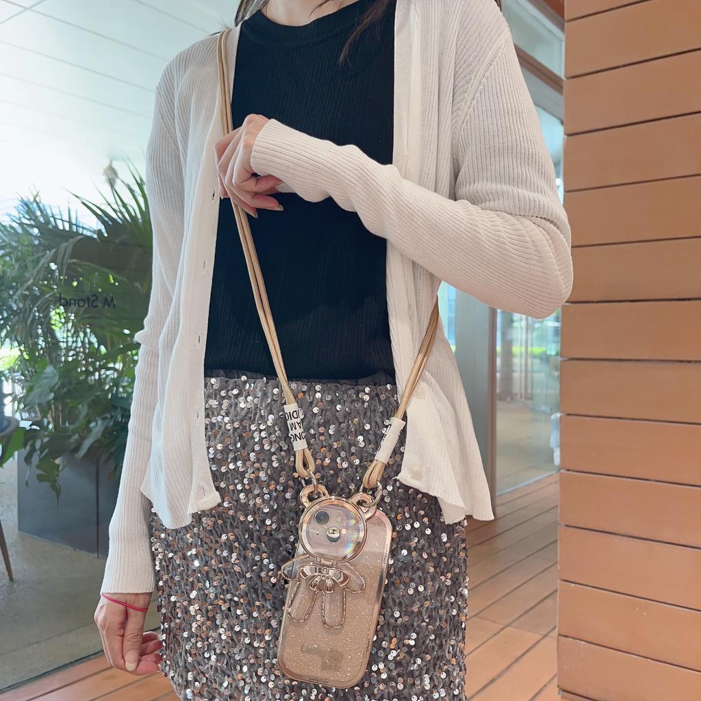 Cartoon Cute Bear Compatible with Apple 16 Crossbody Phone Case iPhone 15 Pro Max Stand 14 Lanyard 12 Glitter