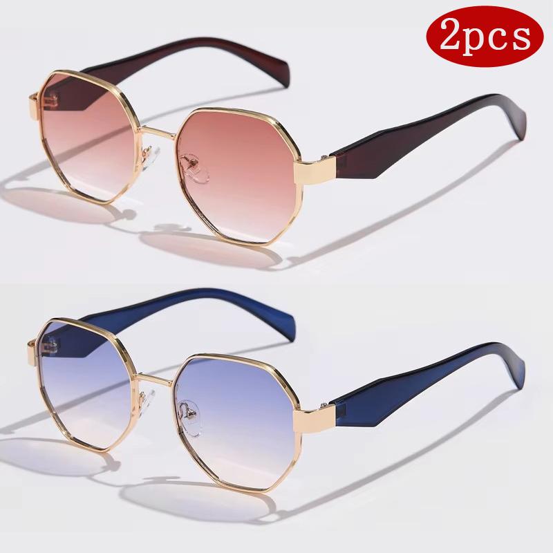 2pcs Retro Polygon Metal Frame Sunglasses Women Fashion Trend Frame Sunglasses Men Luxury Brand Design Decorative Glasses Uv400