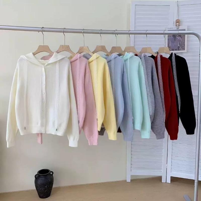 

Solid color lace hooded knitted cardigan women s autumn and winter new gentle wind loose and thin sweater jacket One Size синий