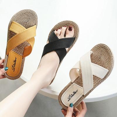 Fashion 2024 Summer Cross Hemp Thong Platform Wedges Women Slippers Indoor Outdoor Beach Slides High Heels Basic Shoes for Women