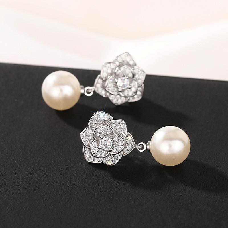 Rose Imitation Pearl Earrings For Women, Camellia Lady Princess Jewelry, Fashionable And Elegant