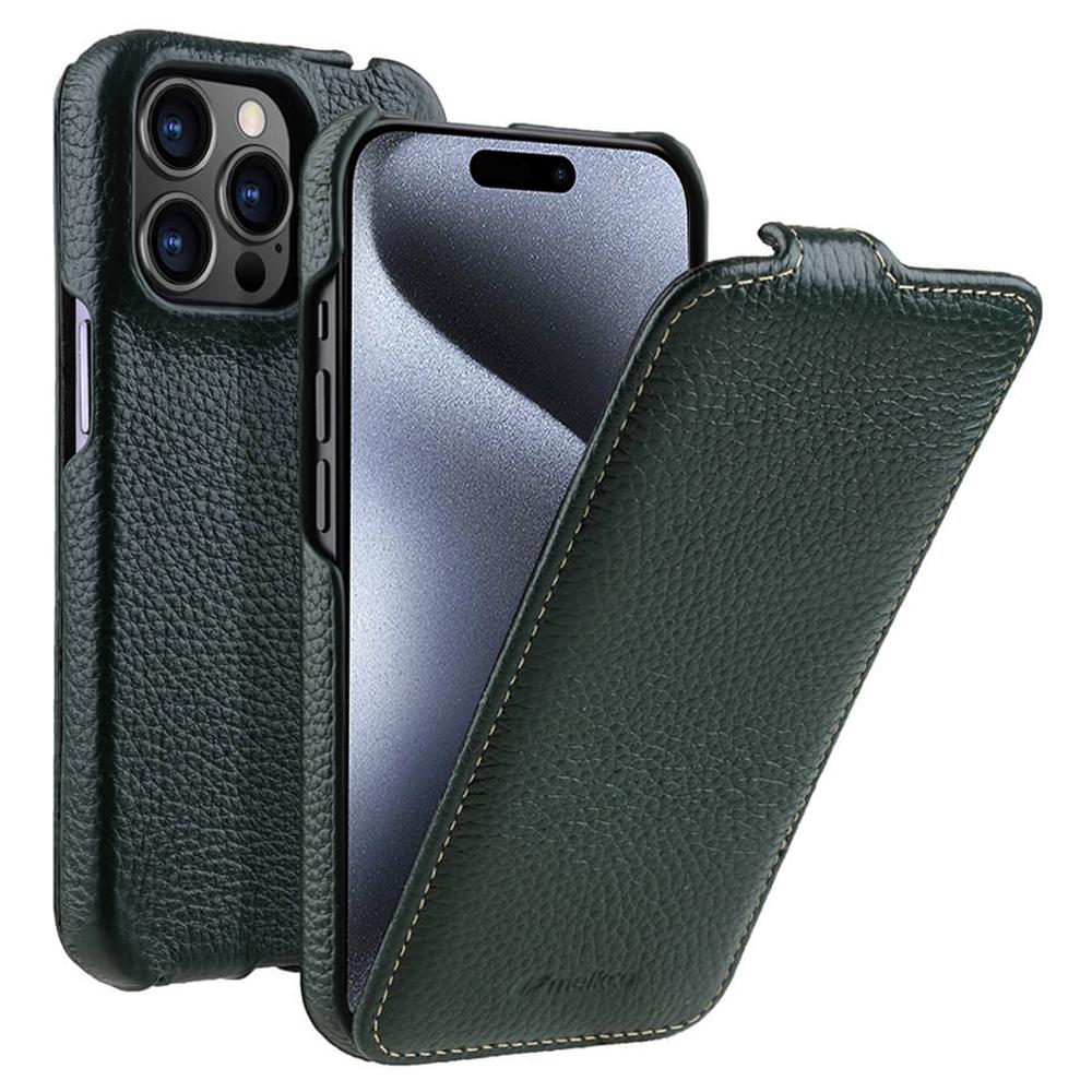MELKCO For iPhone 15 Pro Max Case Litchi Texture Genuine Cow Leather+PC Vertical Flip Cover