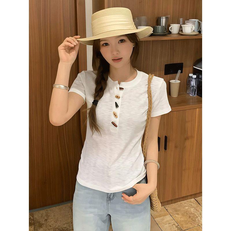 Korean version of the design sense of Henry collar horn buckle short-sleeved t-shirt women's summer new unique chic slim-fitting beautiful top