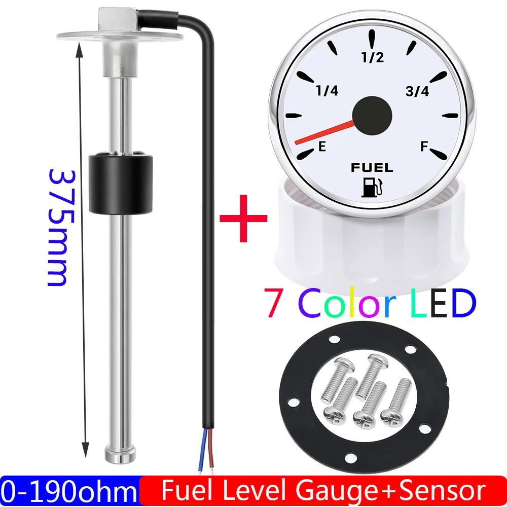 0-190 Ohm Fuel Float Sensor + Fuel Level Gauge 7 Color Light Auto Marine RV Boat Car 2" 52mm Fuel Tank Level Gauge 12V24V