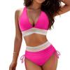 Women High Waisted Bikini Sets Tummy Control Swimsuits Color Block Two Piece Drawstring Bathing Suit Adjustable Shoulder Straps
