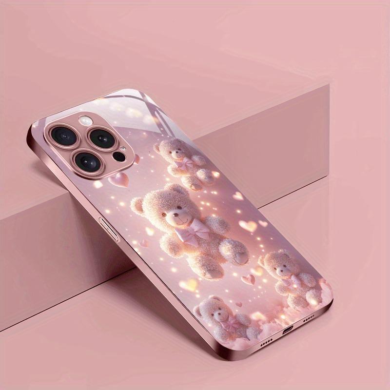 Cute Bear Heart Pattern Pink Metallic Paint Glass Hard Phone Case For iPhone 17Air 11 12 13 14 15 16 17 Pro Max Plus 16E Cover