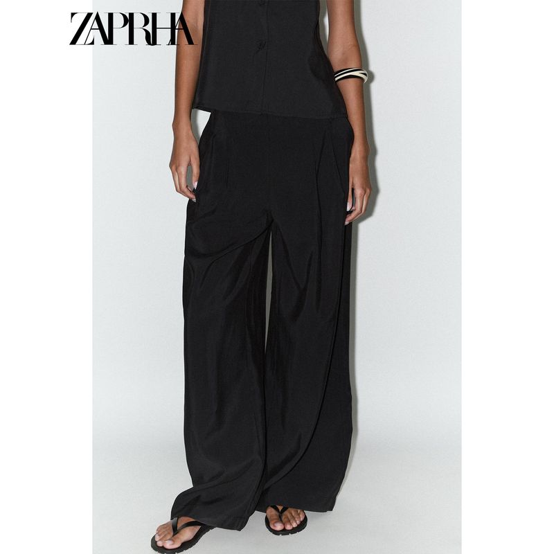 Zaprha 2025 Summer New American vintage Pleated Design Drape Mid Waist Wide Leg Casual Pants 8338405