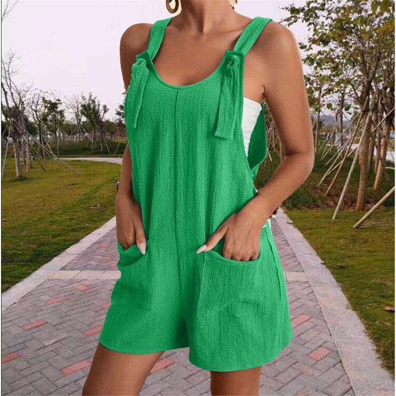 European And American Women's Summer Casual Solid Color Suspender Shorts One-piece Pants Adjustable Large Size Overalls Cool And Comfortable
