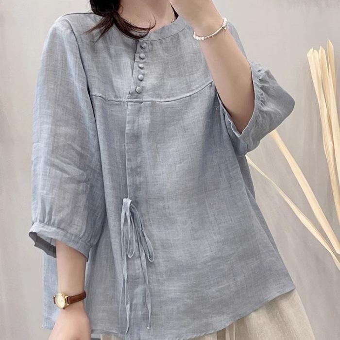 Women's Spring and Summer Elegant, Literary, Retro, Casual Solid Color Loose Slimming Five-Eighth Sleeve Tie Shirt