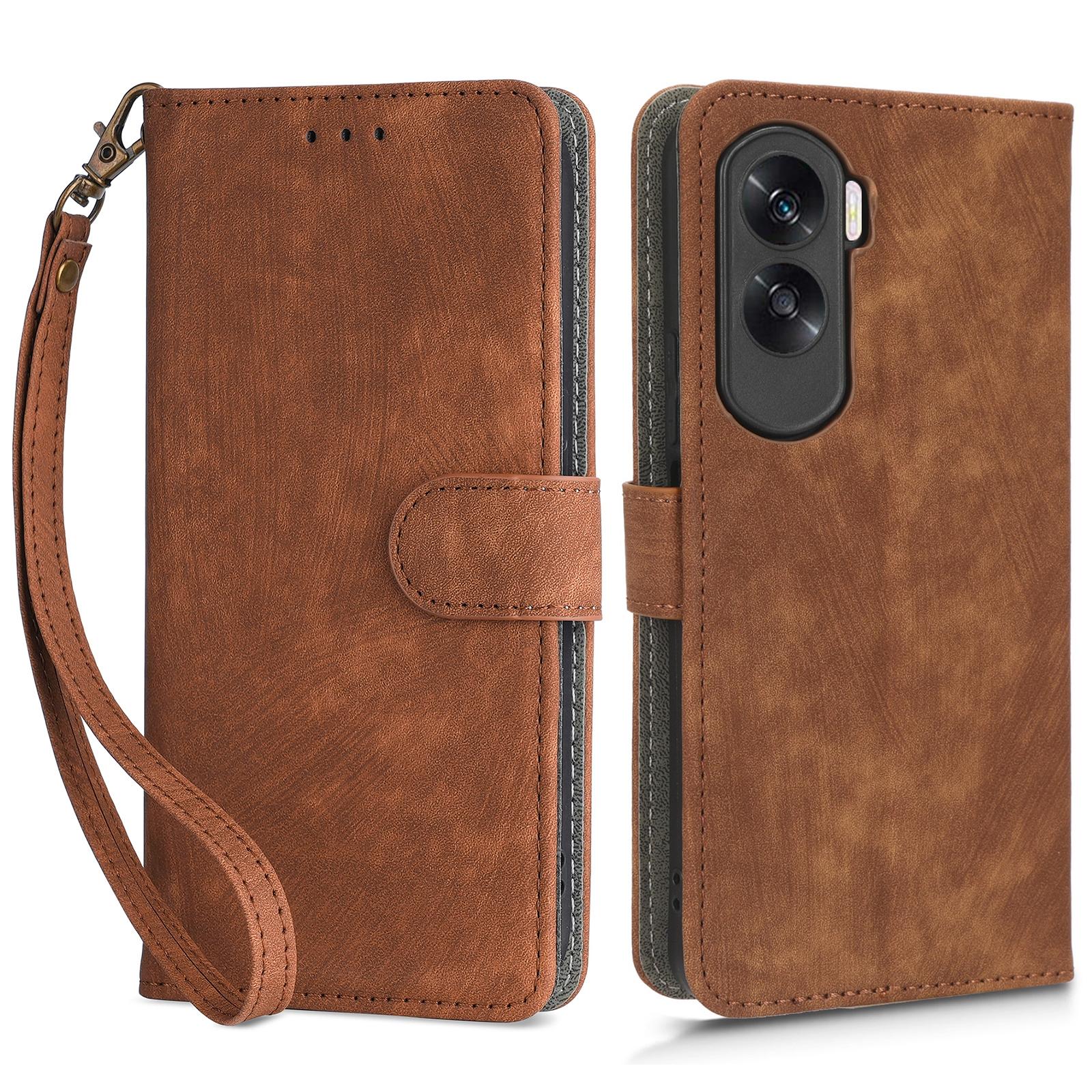 

For Honor 90 Lite 5G/X50i 5G RFID Blocking PU Leather Case Cell Phone Wallet Stand Cover with Strap Brown