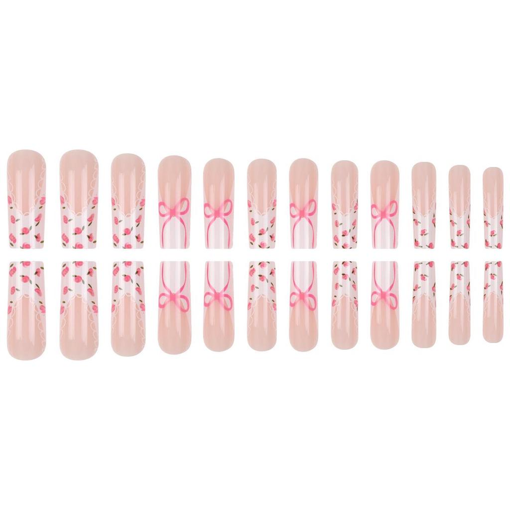 European & American Style French Manicure Bow Flower Nail Tips - 24 Detachable False Nails