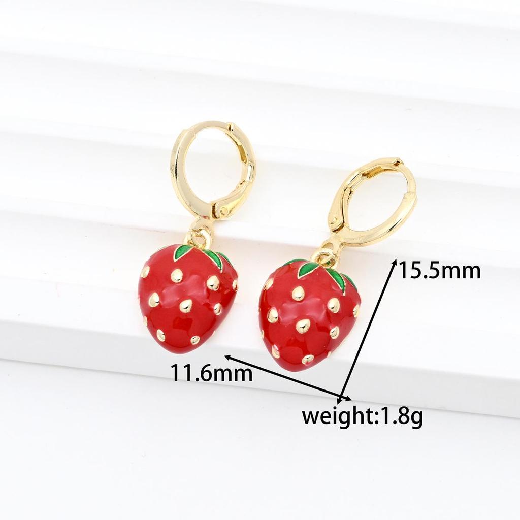 Gold-Plated Copper Strawberry Earrings with Zirconia Drip Oil - DIY Jewelry.