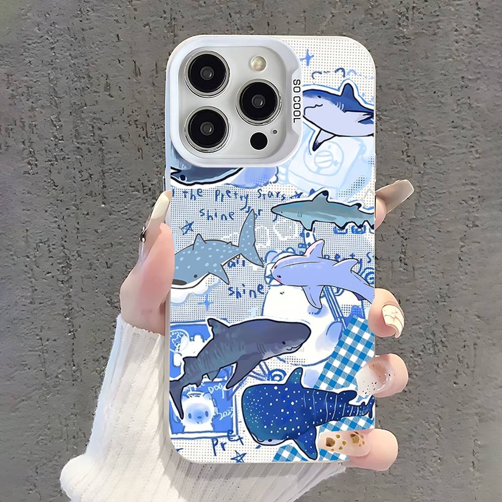 Cute Cartoon Animals Shark Phone Case For iPhone 17,16,15,14,13,12,11,Pro,XS,Max,Plus,Mini,SE White Candy Matte Shockproof Cover