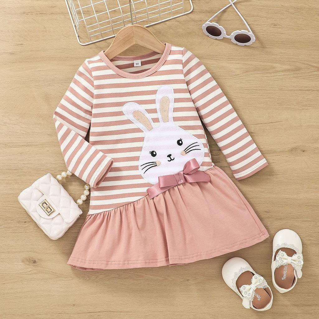 Podzimní pruhované šaty pro dívky Dětské oblečení Lehká sukně s králičím vzorem Krátká sukně Roztomilé dětské dívčí áčková sukně