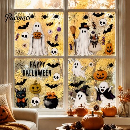 Decorative Window Film 6 Sheets Halloween Clings, Spooky Ghost Pumpkin Bat Removable Wall Decal Sticker, Reusable Static Glass Decals for Holiday