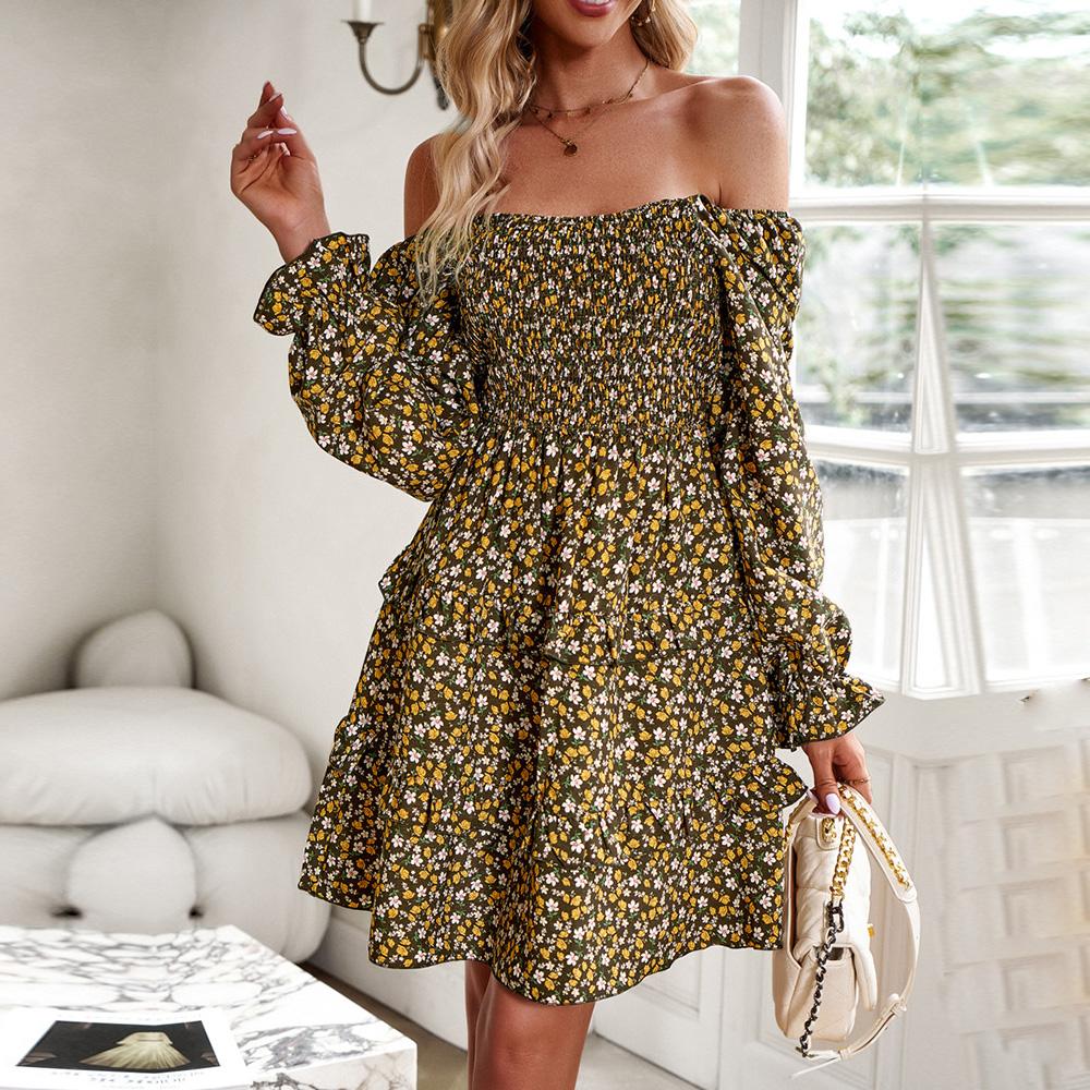 Frauen Herbst Elegante Square Neck Laterne Hülse Plissee Fragmentierte Blume Kleid