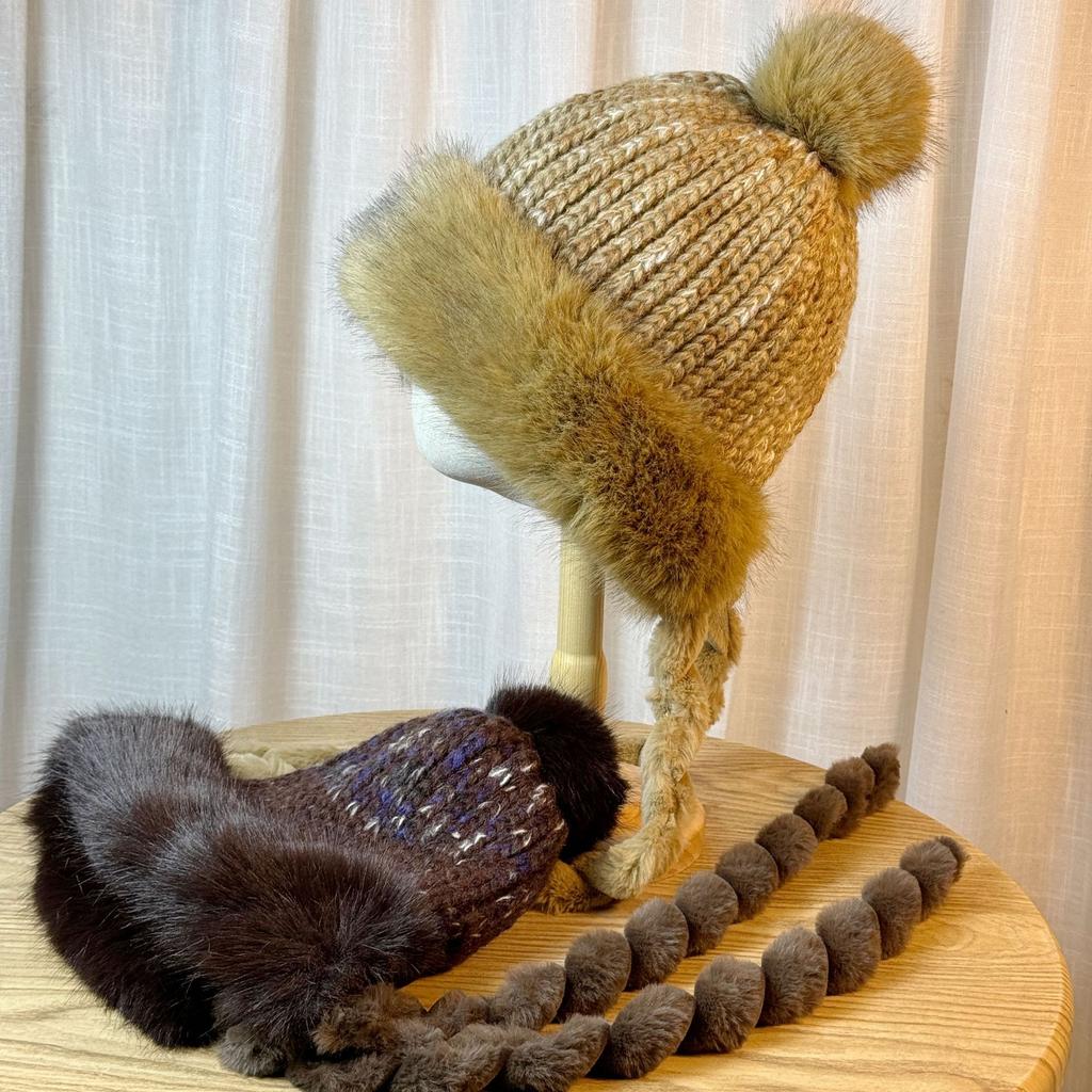 Japanese Sweet and Cute Fur Ball Strap Lei Feng Hat for Women Winter Plus Velvet Thickened Warm Knitted Ear Protection and Cold Protection Hat