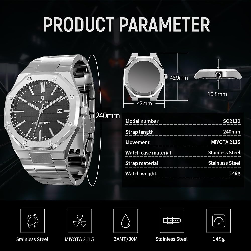 SAPPHERO Men's Octagonal Stainless Steel Waterproof Luminous Wrist Watch Analog Quartz Date Dress Business Casual Gift