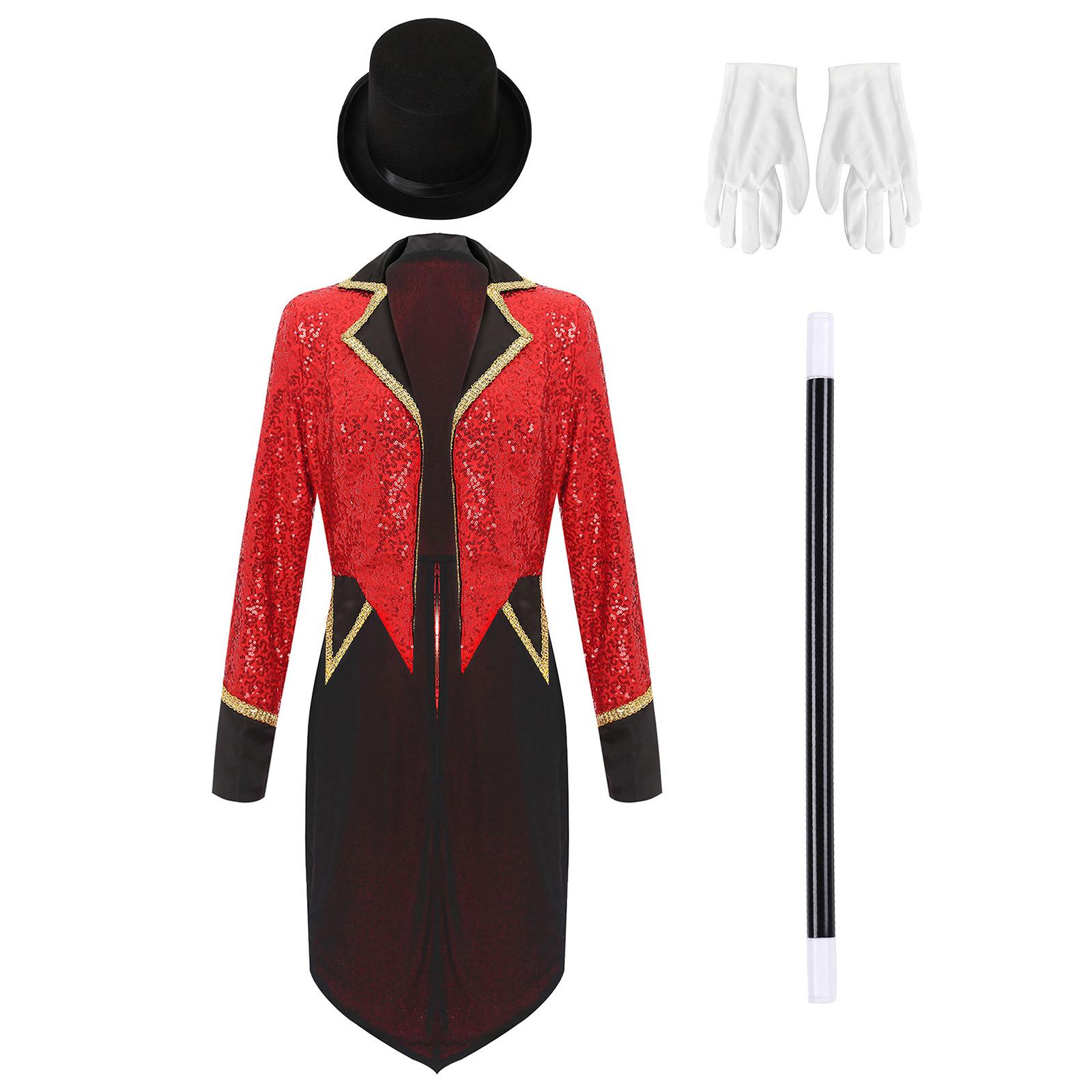 

Womens Circus Ringmaster Costume 4Pcs Set Sequin Tuxedo Tailcoat Bowler Hat White Gloves Magic Wand S червоний