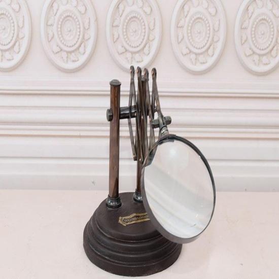 Brass Adjustable Magnifier Harmonica Style, Wood Base Table Top Home Office Decor