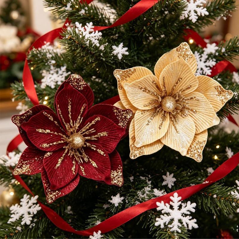 Gold Dust Christmas Flower Christmas Tree Ornament Accessories Christmas Wreath Ornament Christmas Decoration Flower Head False Flower