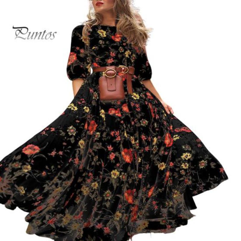 Sommer-Damenkleid, Blumendruck, A-Linie, lockerer Saum, Vintage-Stil, hohe Taille, französischer Stil, Dreiviertelärmel, plissiert, O-Ausschnitt, Abschlussball, Cocktailparty, Bankett