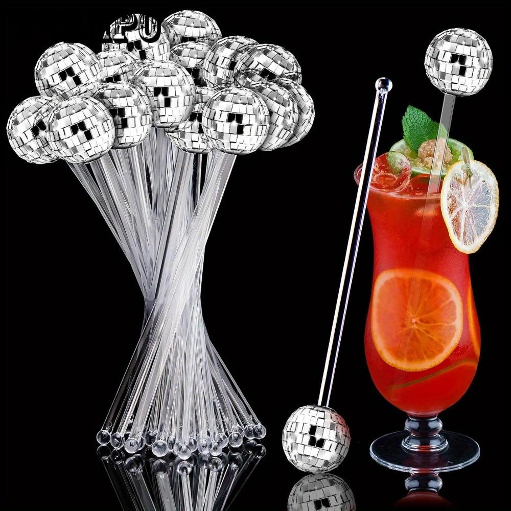 12 Stück Disco-Kugeln Cocktail-Rührstäbe Kunststoff Runder Kopf Swizzle Sticks Cake Pops Spiegelkugel Kaffee Getränke Rührstäbe für 1970er Party Hausbar Kaffee