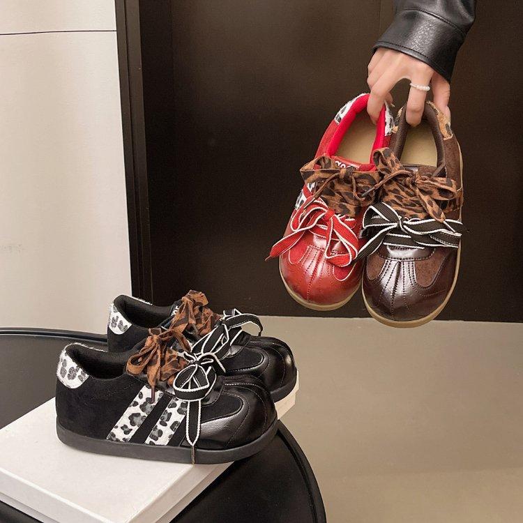Double Lace-up Women's Shoes Early Autumn Style 2025 Autumn Popular Fashion Inner Height Increase Versatile Leopard Print Casual Moral Training Shoes