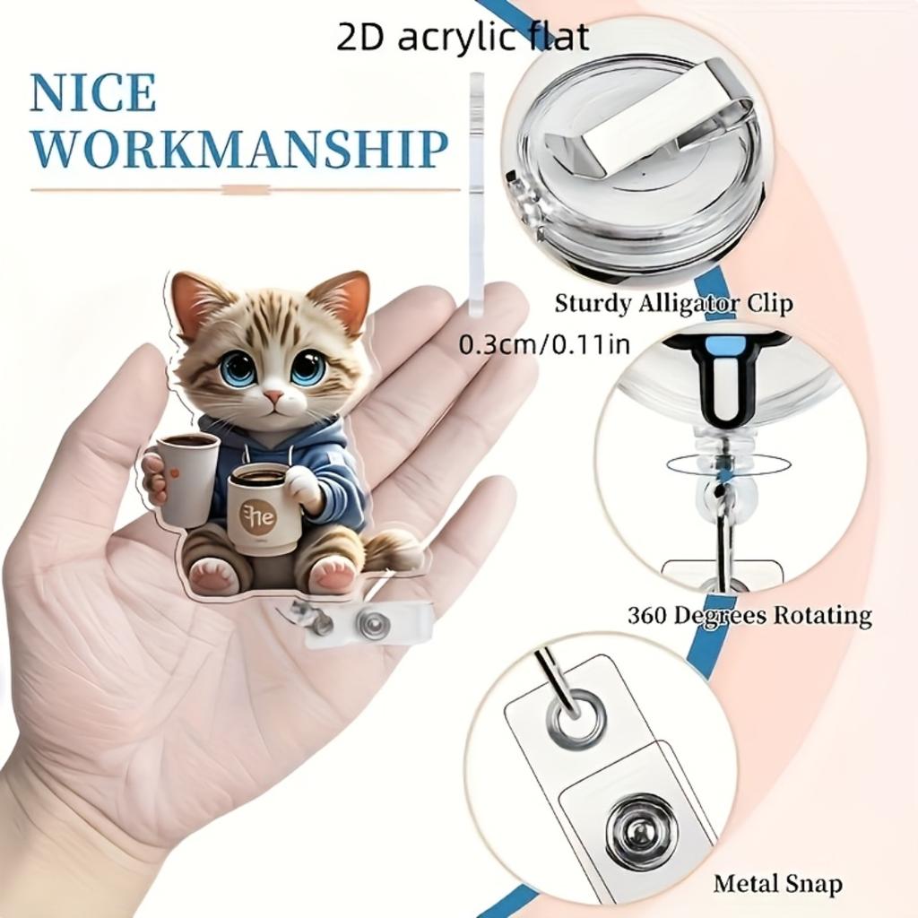 2D Flat Acrylic Cute Coffee Cat Retractable Badge Reel, Lanyard ID Clip For Nurses Doctors Registered Licensed Nurses Medical Workplace Use