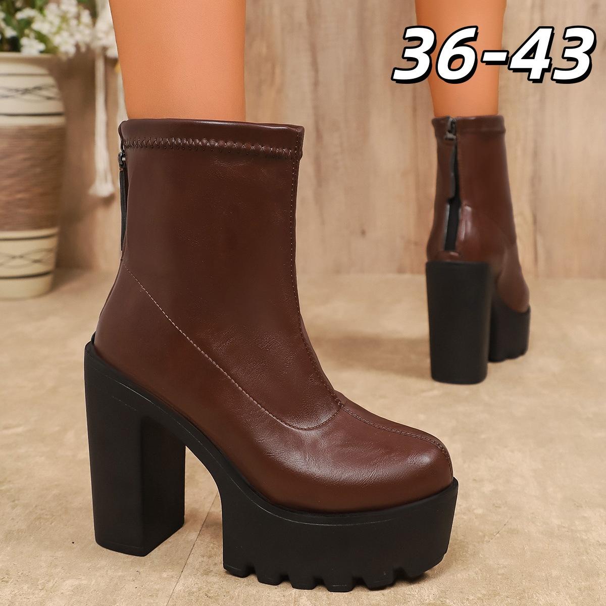 

2025 осень круглый носок водонепроницаемые настольные толстая подошва задняя молния модные ботинки высокий каблук толстый каблук 2025 большой размер короткие ботинки 43 коричневый