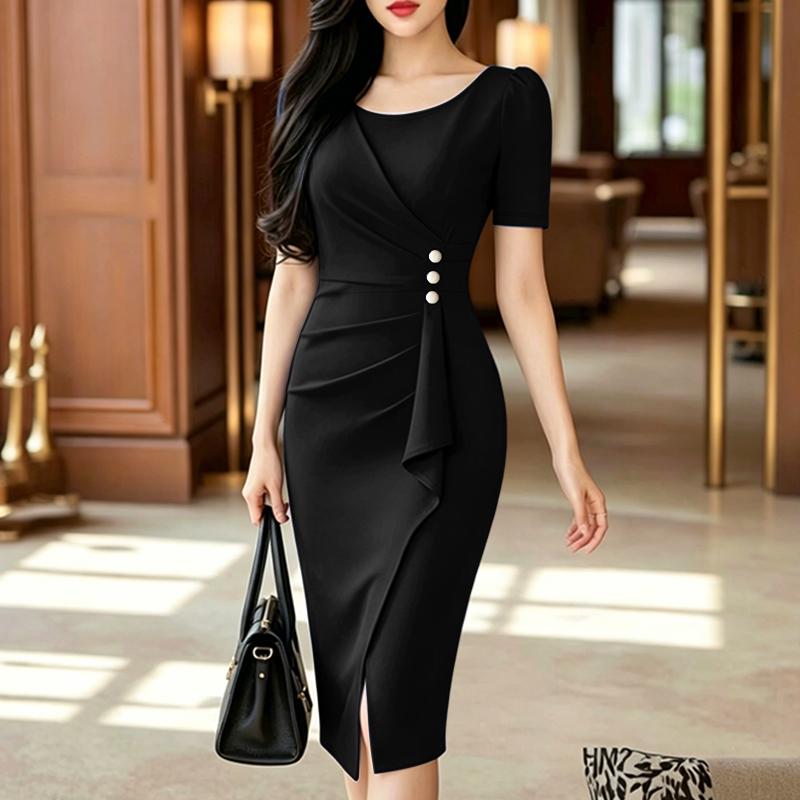 ZANZEA Women Elegant Round Neck Short Sleeve Casual Sheath Dress M