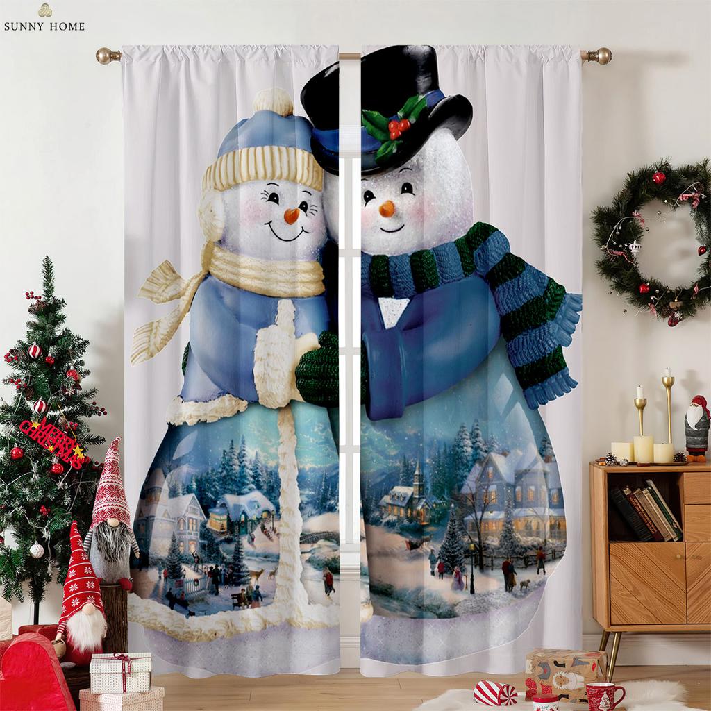 Cartoon Snowman Christmas Decorative Curtains Suitable for Bedroom Restaurant New Year Party Decorative Curtains 2 Pieces